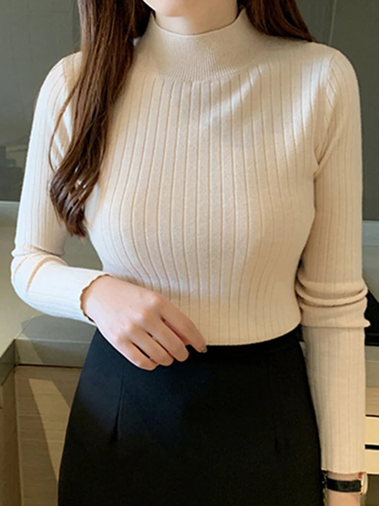 2026 New Autumn Winter Knitted Ribbed Jumper Tops Women Turtleneck Pullovers Sweaters Long Sleeve Korean Slim-fit Female Sweater