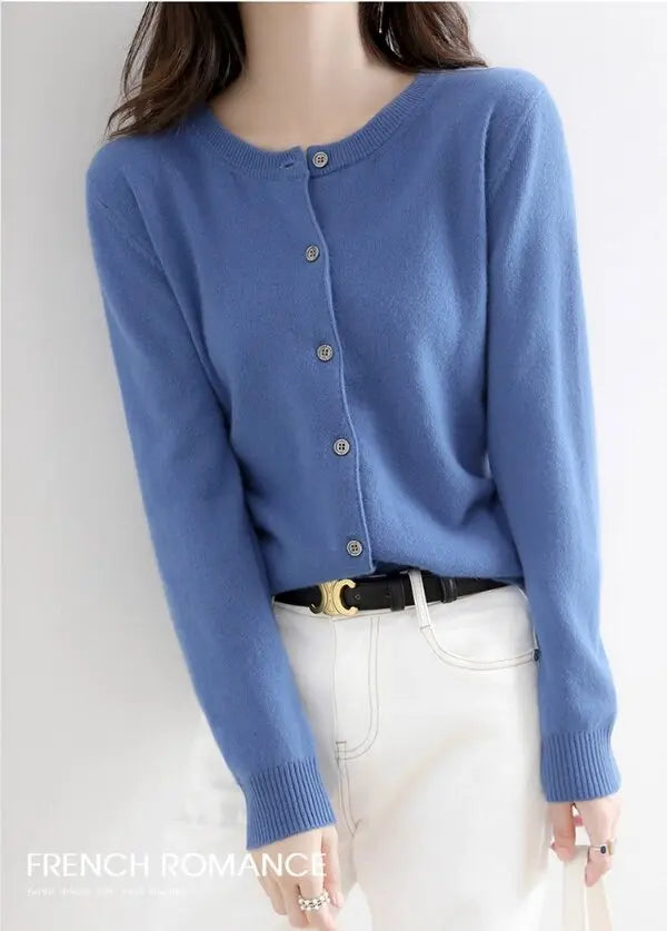 Women Knitted Cardigans Autumn Winter 2025 Round Neck Casual Long Sleeve Tops Solid Basic Soft Sweaters Female