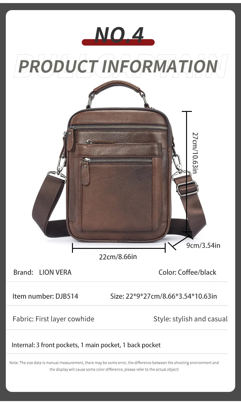 LION VERA Men's Shoulder Bag Casual Mobile Phone Zipper Bag Large Capacity Business Genuine Leather Travel Crossbody Bag