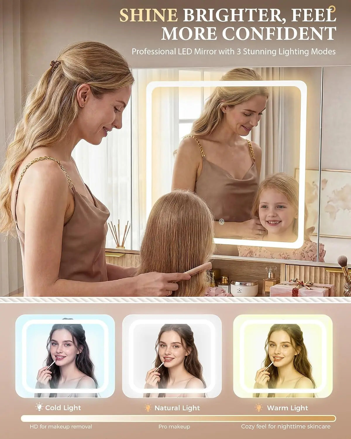 Vanity Desk 3 Way Mirror Lights Makeup Vanity 360 View Mirror 3 Lighting Modes 6 Drawers Storage Cabinet Fluted Wood Vanity Tabl
