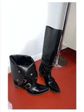Woman Black Punk Knee High Platform Low Heel Trend Punk Gothic New Rock Leather Fashion Women Chunky Knight Motorcycle Footwear