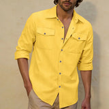 2026 New Men's Long Sleeve Casual Shirt Double Chest Pocket Button Up Soft Loose Linen Comfy Daily Work Street Outdoor Wear Tops