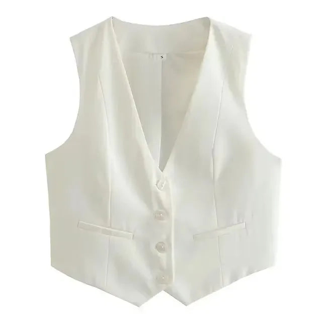 HH Elegant Womens Minimalist Solid Color Suit Vest Fitted Waist V Neck Office Workwear Business Waistcoat Casual Streetwear Tops
