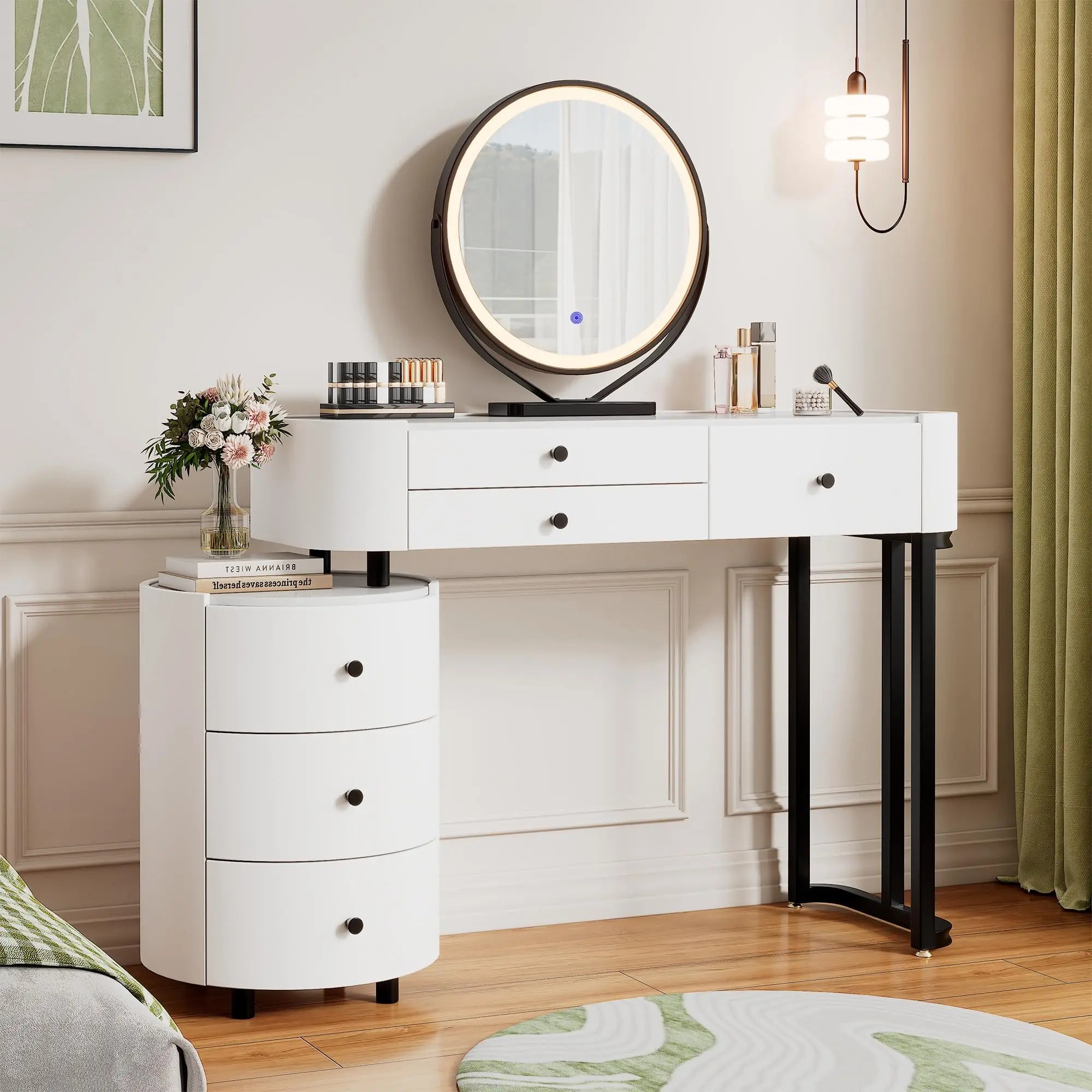 Round Makeup Vanity Desk with Mirror and Lights, Faux Leather Modern Vanity Desk with Reversible Side Cabinet, Small