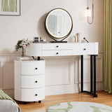 Round Makeup Vanity Desk with Mirror and Lights, Faux Leather Modern Vanity Desk with Reversible Side Cabinet, Small