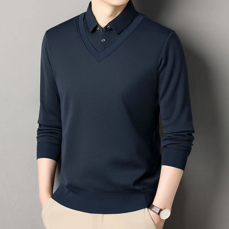 Men's Vintage Sweater Business Casual Pullover Slim Fit Fleece Lined Clothes Fake Two Pieces Knitted Sweaters