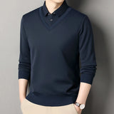 Men's Vintage Sweater Business Casual Pullover Slim Fit Fleece Lined Clothes Fake Two Pieces Knitted Sweaters