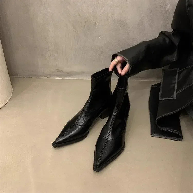 Pointed Toe Women Slim Ankle Boots Fashion Square Low Heel Ladies Elegant Back Zippers Short Booties Women's Footwear