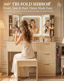 Vanity Desk 3 Way Mirror Lights Makeup Vanity 360 View Mirror 3 Lighting Modes 6 Drawers Storage Cabinet Fluted Wood Vanity Tabl