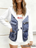 Plus size women's spring and autumn hooded faux denim patchwork jacket; chubby girl denim print fake pocket zipper style; casual versatile jacket