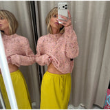 Chic Speckled Knit Cardigan Round Neck Shoulder Pads Long Sleeve Single Breasted Patch Pockets Daily Women Top 2026 Autumn Tops