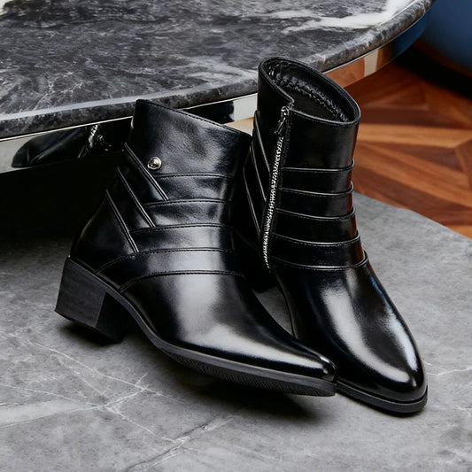 Luxury Men Boots Leather Chelsea Boots High Top Buckle Strap Formal Shoes Black British Style Ankle Boots Pointed Toe Brown Boot