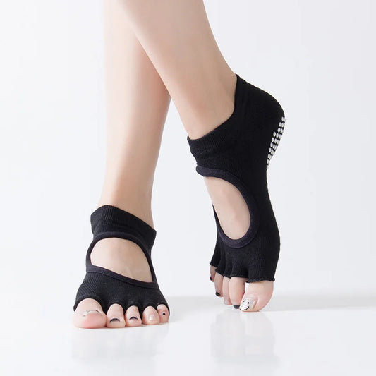 Women Backless Five Toe Yoga Socks Non-Slip Cotton Ladies Dance Ballet Socks Open Half Breathable Fitness Sport Sock for Pilates