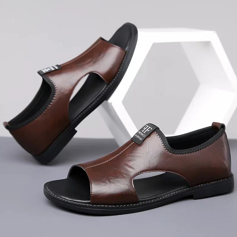 New Style Perforated, Breathable and Anti-Slip Outerwear Casual Leather Slip-On Sandals for Men Size 48 Large Size
