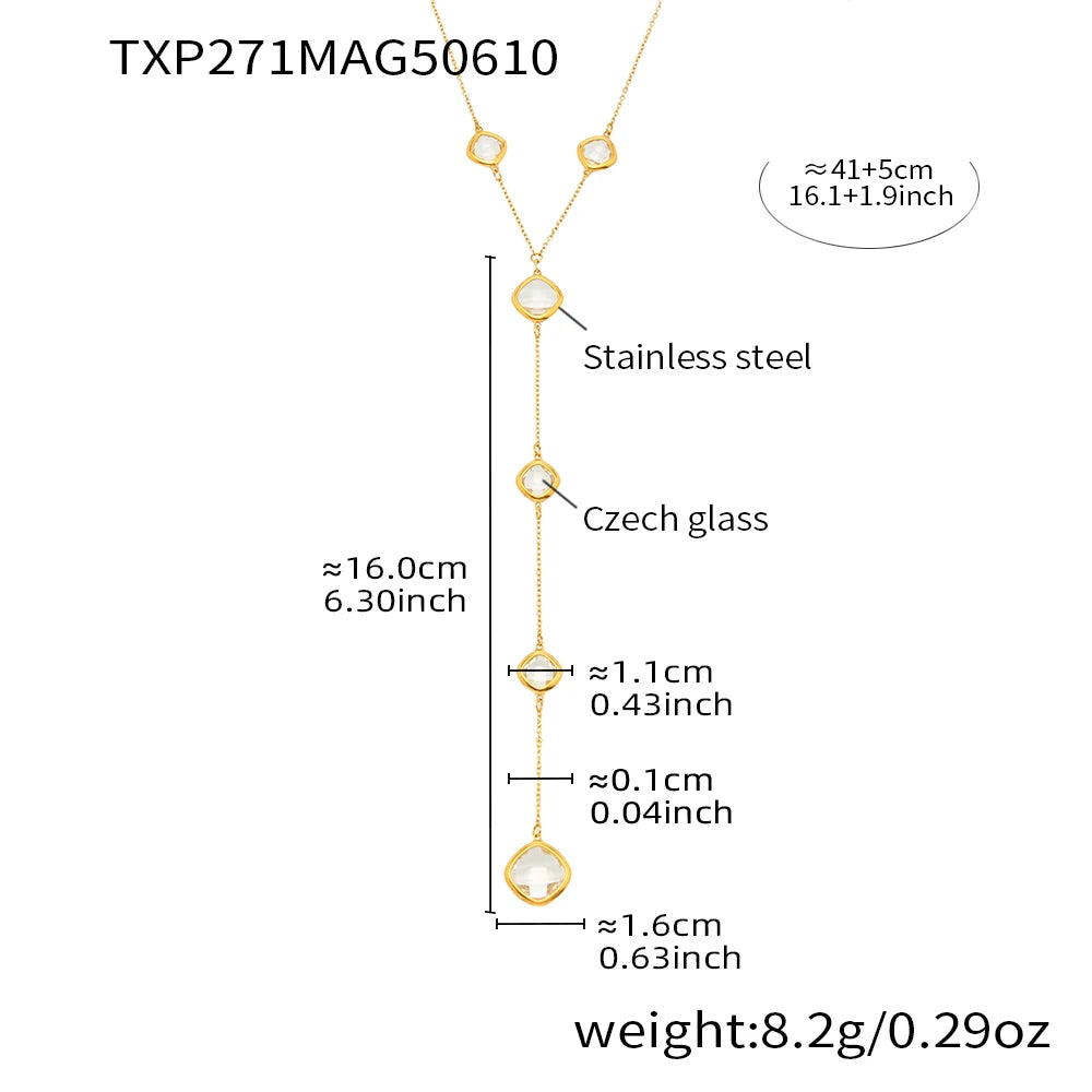 Colorful Long Square Pendant Stainless Steel Necklace for Women Luxury Czech Glass Gold Plated Waterproof Charm Jewelry