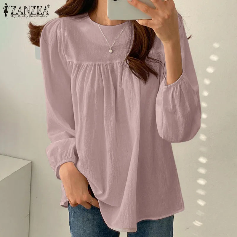 ZANZEA Elegant Solid Blouse Women Long Sleeve O Neck OL Work Shirt Spring Autumn Fashion Tunic Tops Blusas Female Loose Chemise