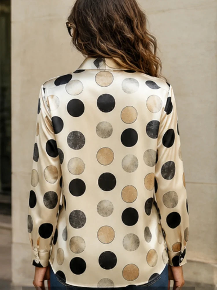 Women's Fashionable Trend Printed Silk Blouse with Long Sleeves and Loose Round Patterns, Suitable for Office Wear, Daily Commuting and Casual Spring-Autumn Occasions.