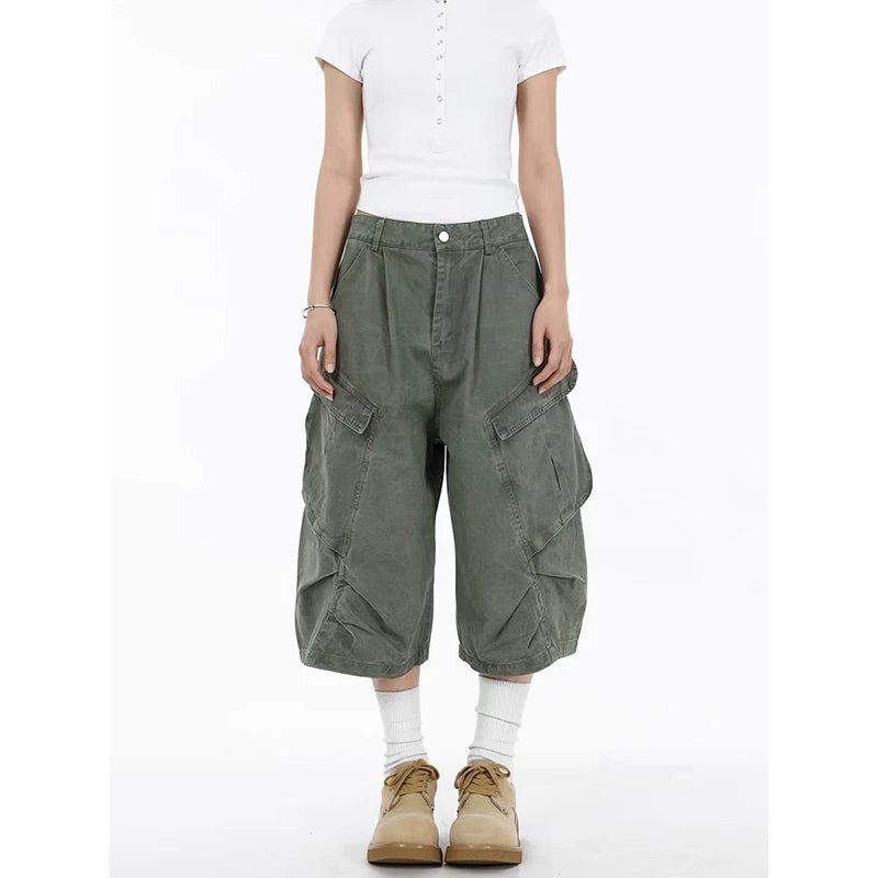ZHIZOU Summer Women American Retro Green Cargo Jeans Shorts Y2K 2000s Harajuku Denim Calf-Length Pants Streetwear High Street