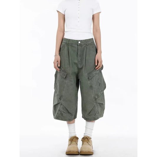 ZHIZOU Summer Women American Retro Green Cargo Jeans Shorts Y2K 2000s Harajuku Denim Calf-Length Pants Streetwear High Street