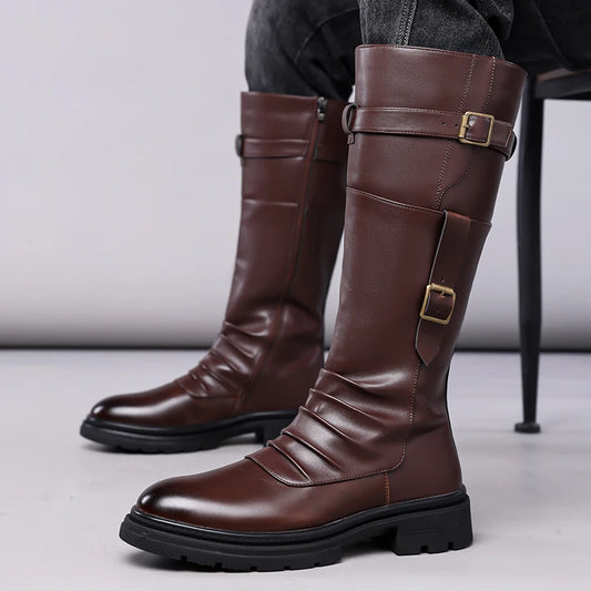Men's Autumn Winter Vintage Outdoor Long Boots British Style Work Boots High Top Men's Leather Boots-1307