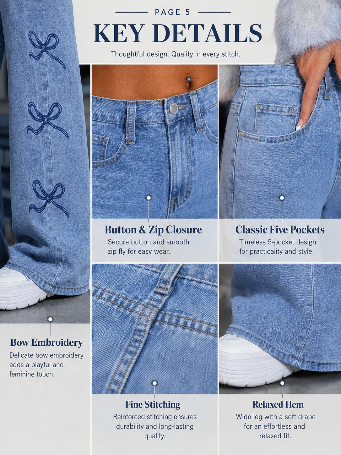 Y2K Bow Embroidery Wide Leg Jeans for Women, High Rise Vintage Light Wash Baggy Denim Trousers Trendy Casual Streetwear Daily Pants