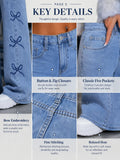 Y2K Bow Embroidery Wide Leg Jeans for Women, High Rise Vintage Light Wash Baggy Denim Trousers Trendy Casual Streetwear Daily Pants