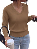 Lightweight Knit Sweaters Top For Women Daily Wear Scallop Edges V Neck Pullover Tops Autumn And Winter Long Sleeved