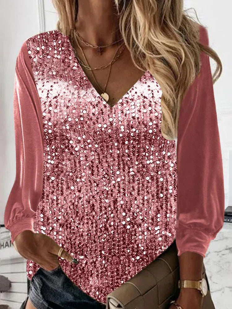 New Shiny Sequin Patchwork Office Loose Blouse Summer Autumn Long Sleeve Solid Women Shirt Casual V-neck Lady Top Pullover
