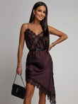 Women Dark Brown Satin Lace Slip Dress Spaghetti Strap V-Neck Asymmetrical Hem Elegant Party Cocktail Evening Dresses