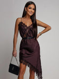 Women Dark Brown Satin Lace Slip Dress Spaghetti Strap V-Neck Asymmetrical Hem Elegant Party Cocktail Evening Dresses