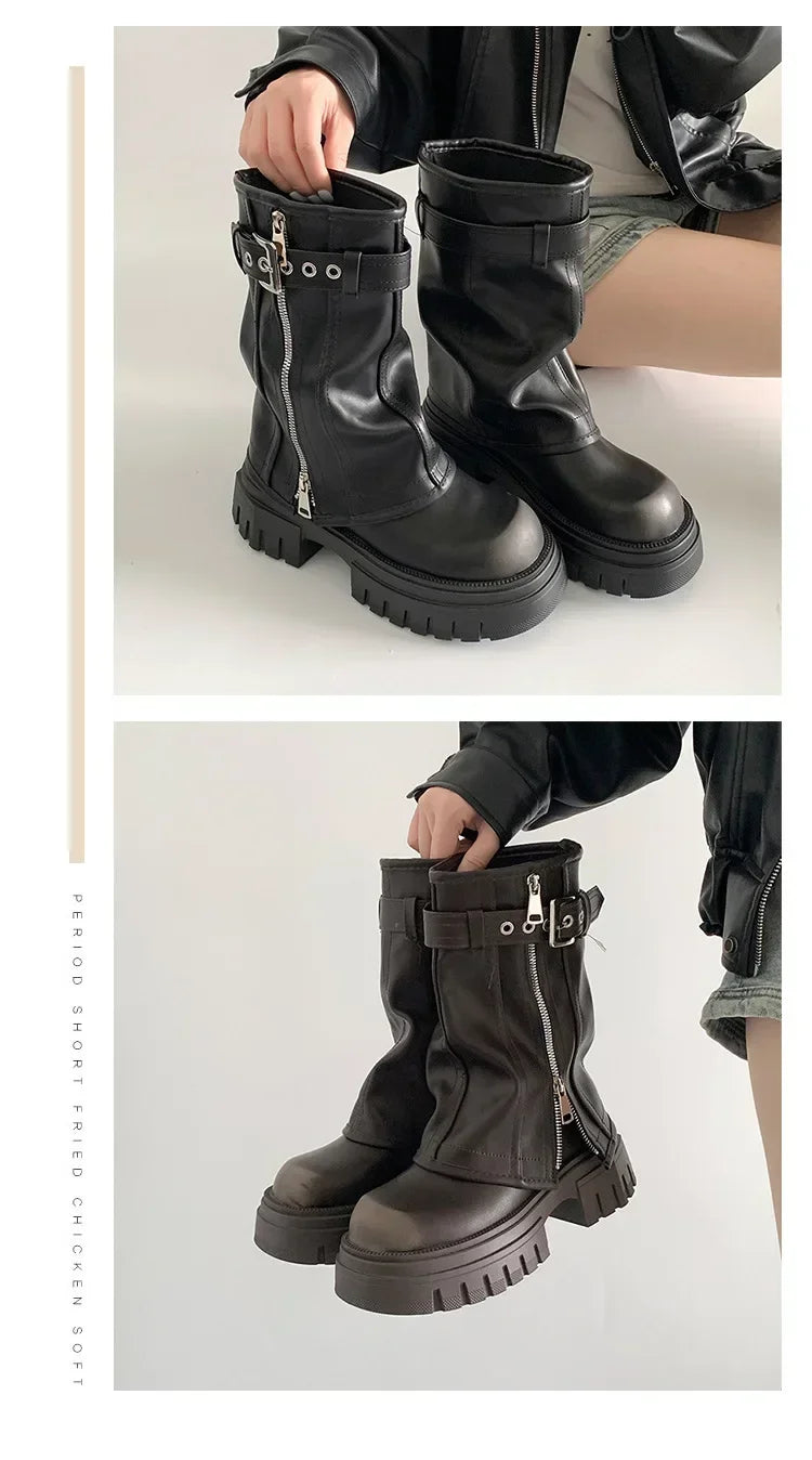 2025 Winter Women Biker Boots Fashion Belt Buckle Ladies Elegant Platform Long Pipe Booties Casual Women's Knee High Booties