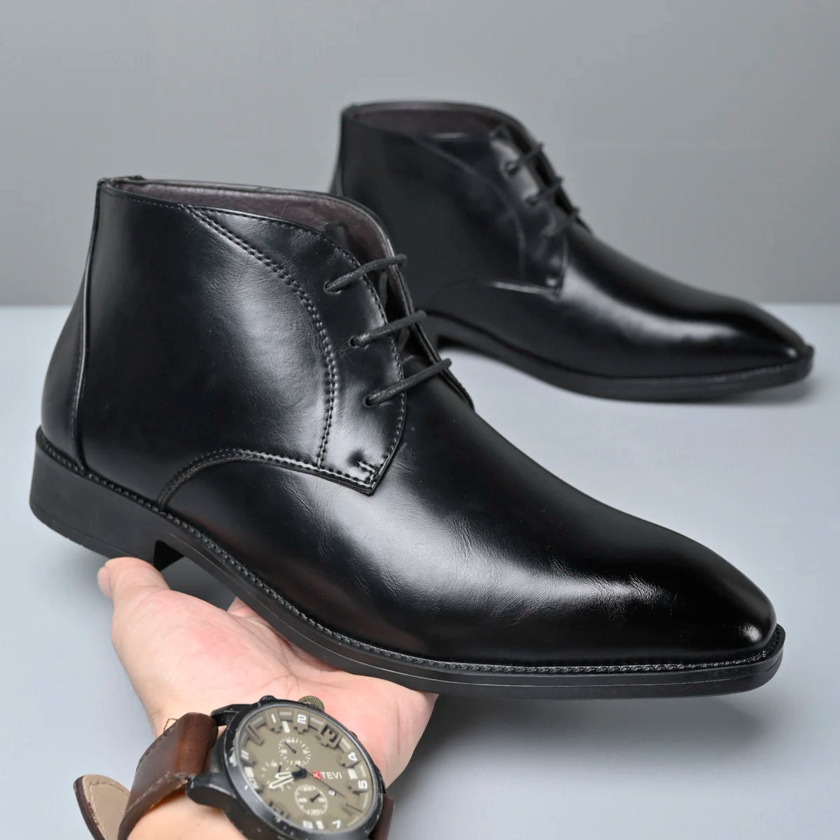 Men's Pointed Toe Ankle Boots Lace‑Up Leather Business Formal Dress Shoes Male High Top Footwear Man Chelsea Boots Comfy Botas