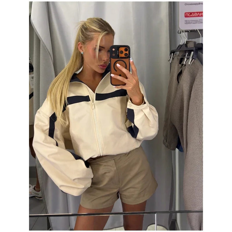 Women's Jackets Beige Black Zip Collar Crop Jacket Lapel Loose Streetwear Spring Autumn Chic Sports Outfits Short Coats 2026 New
