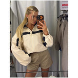 Women's Jackets Beige Black Zip Collar Crop Jacket Lapel Loose Streetwear Spring Autumn Chic Sports Outfits Short Coats 2026 New