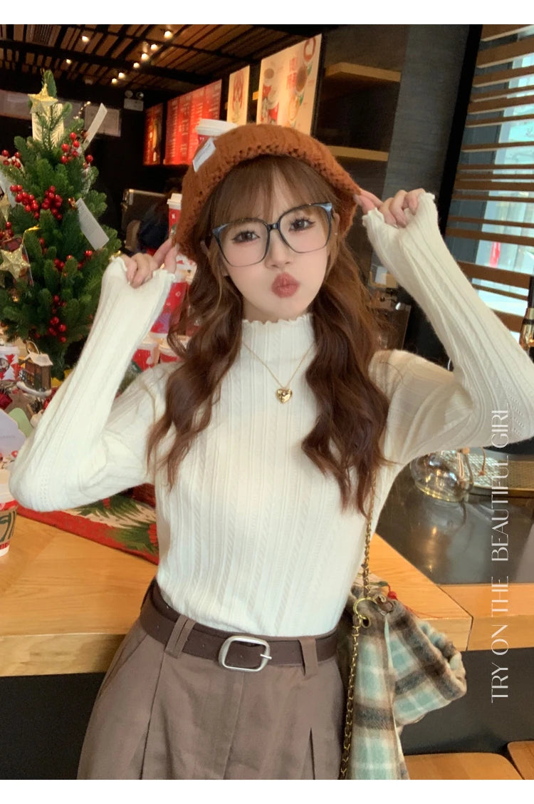 2026 Ruched Turtleneck Women Sweaters Autumn Winter Warm Pullover Slim Tops Knitted Sweater Jumper Soft Pull Female
