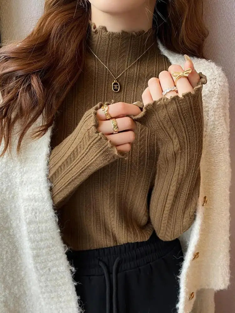 2026 Ruched Turtleneck Women Sweaters Autumn Winter Warm Pullover Slim Tops Knitted Sweater Jumper Soft Pull Female
