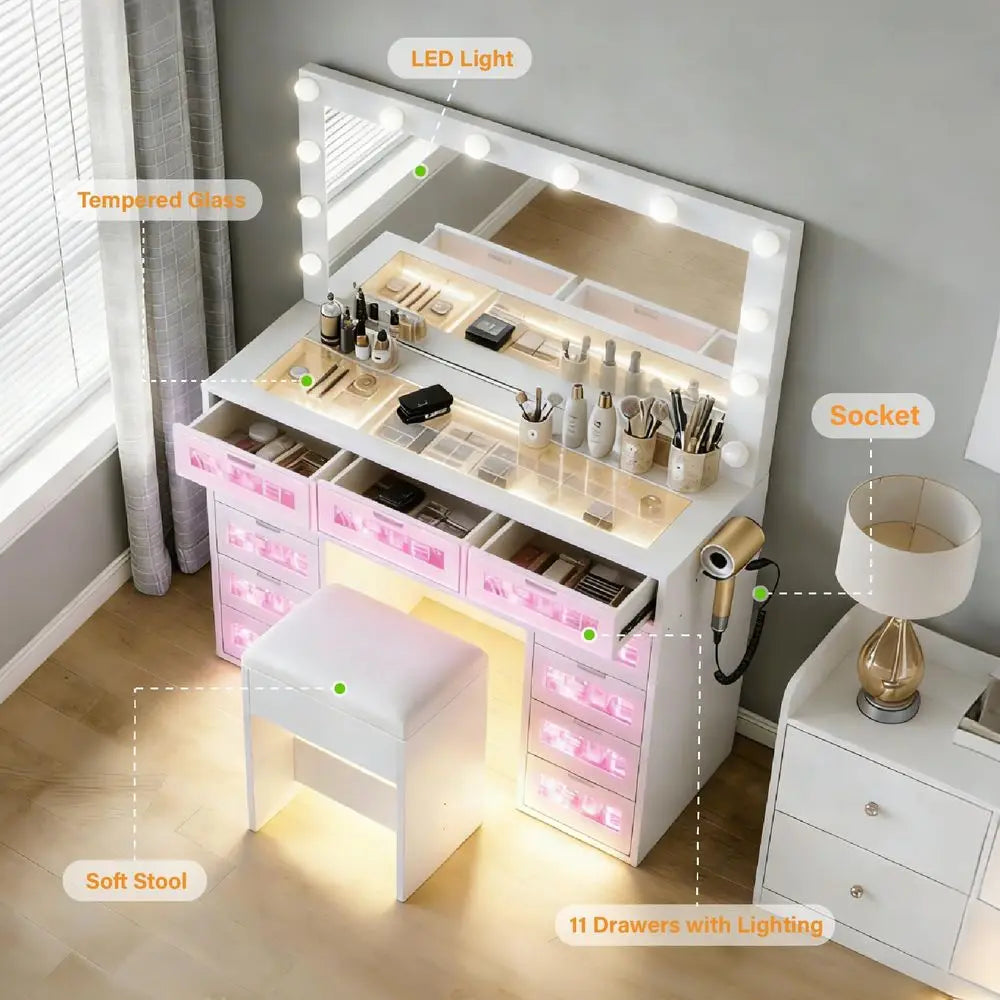 Luxury Makeup Vanity with 11 Drawers amp RGB Lights, Large Vanity Table with Padded Stool amp 11 LED Bulbs, Vanity Desk with Po