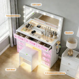 Luxury Makeup Vanity with 11 Drawers amp RGB Lights, Large Vanity Table with Padded Stool amp 11 LED Bulbs, Vanity Desk with Po