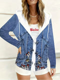 Plus size women's butterfly embroidery print hooded faux denim jacket; horn button patchwork sweatshirt with faux denim sleeves jacket