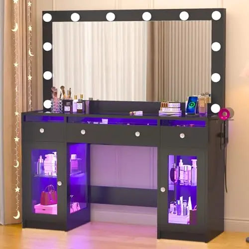 Vanity Desk W/6000-Colors Light&Power Outlet,Makeup Vanity Desk W/LED Mirror and Lights 3 Colors,Transparent GlassTop