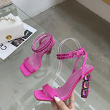 Eilyken Summer Crystal Embellished High Heel Sandals Women Diamond Open Toe Ankle Strap Silk Satin Rhinestone Banquet Shoes