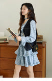 MISHOW Floral Dress for Women Cotton 2026 Spring Blue Luxury V-neck Ruffled Puff Sleeve Dress Party Midi Dress Woman MXE46L2517