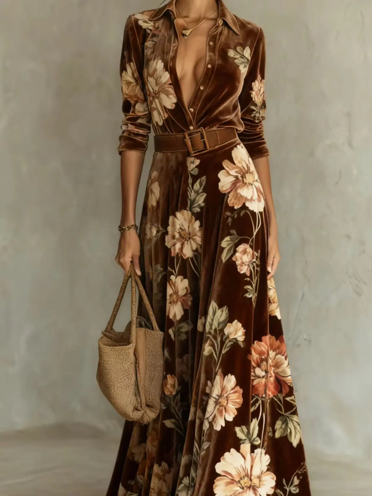 Women Lapel Collar Long Sleeve Floral Print Maxi Dress Waist‑Defined Flared Hem Long Gown For Holiday Formal Occasion