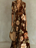 Women Lapel Collar Long Sleeve Floral Print Maxi Dress Waist‑Defined Flared Hem Long Gown For Holiday Formal Occasion