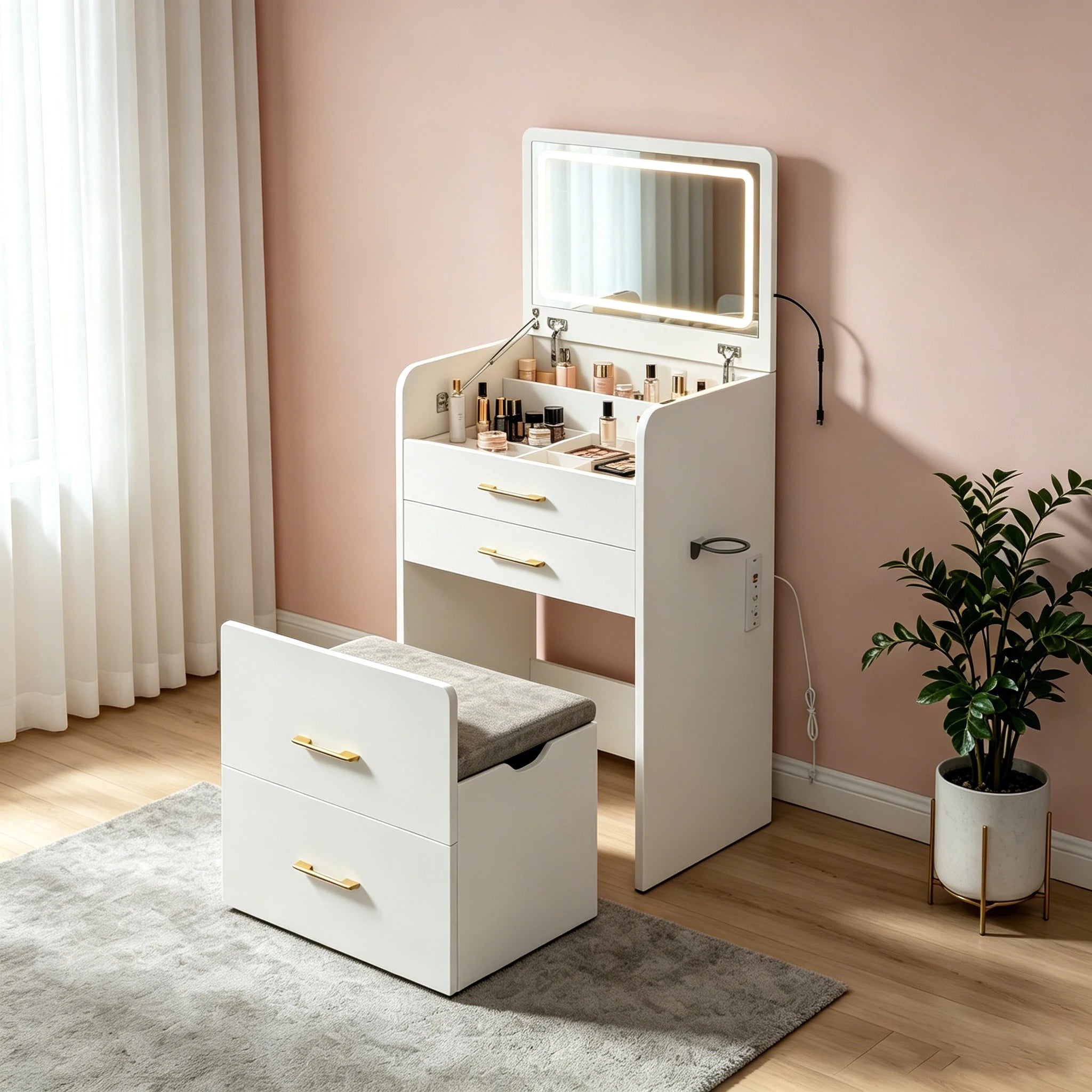 3-in-1 Vanity Desk with LED Mirror & Power Outlet 23.6" Flip-Up Dressing Table with Charging Station 3 Drawers Glass Top for Bedroom