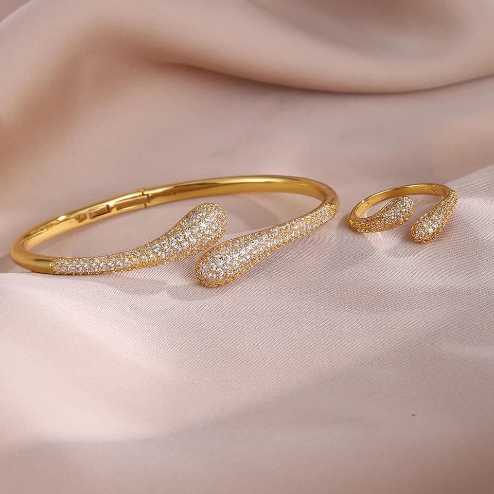 ZAKOL Elegant Brilliant Micropaved Zirconia Water Drop Bracelet Ring Set Luxury Engagement Wedding Party Jewelry for Women