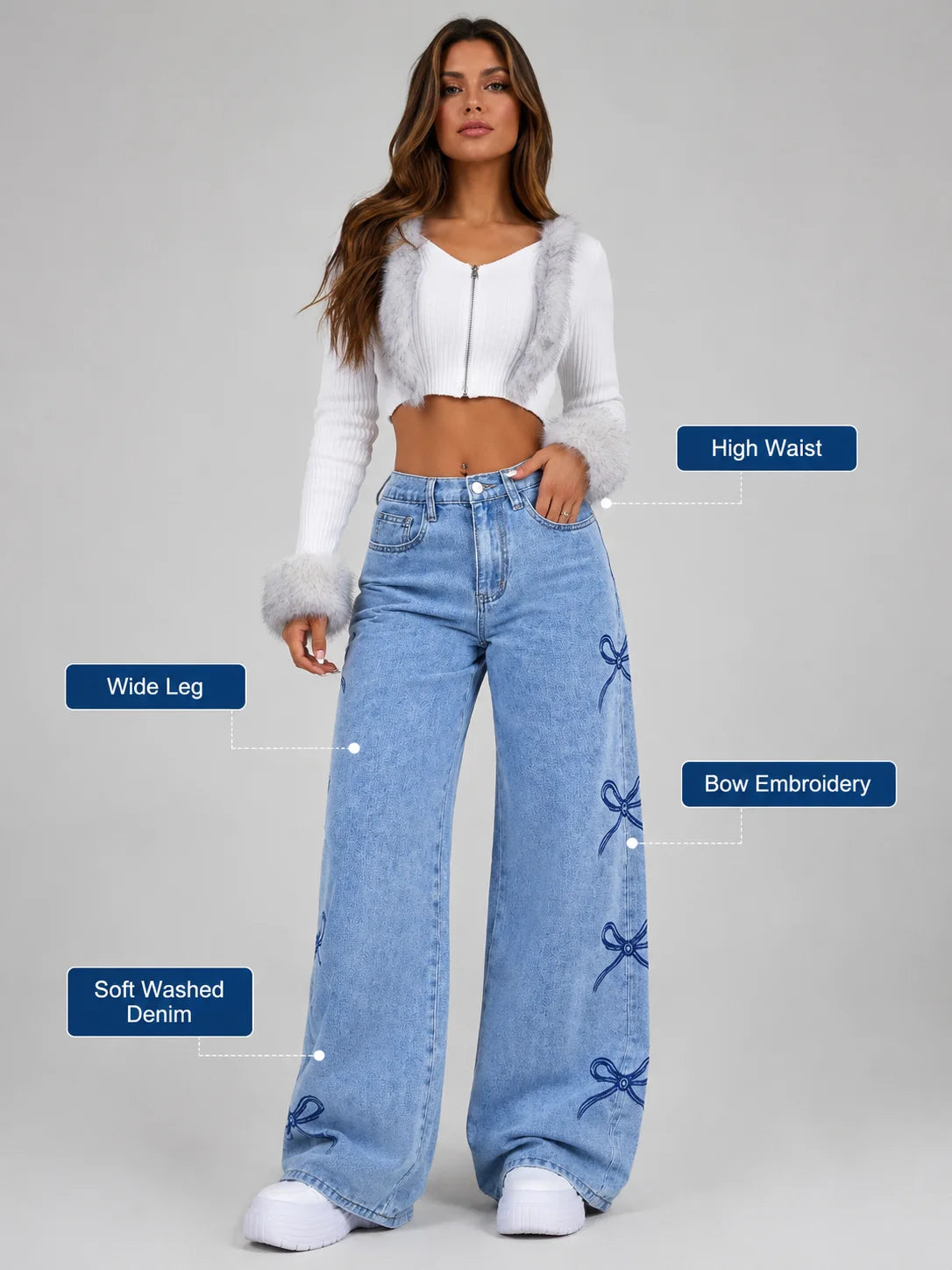 Y2K Bow Embroidery Wide Leg Jeans for Women, High Rise Vintage Light Wash Baggy Denim Trousers Trendy Casual Streetwear Daily Pants