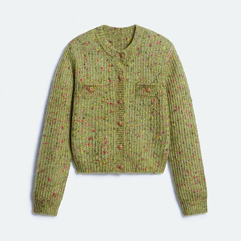 Chic Speckled Knit Cardigan Round Neck Shoulder Pads Long Sleeve Single Breasted Patch Pockets Daily Women Top 2026 Autumn Tops
