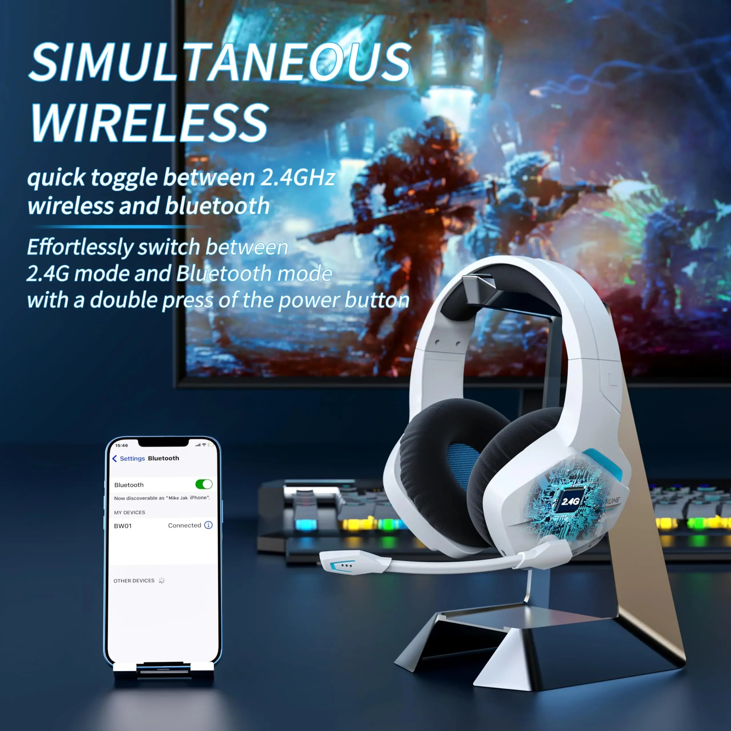 BW01 Wireless Gaming Headset with Mic for PC PS4 PS5 2.4G Bluetooth USB Gamer Headphones with Mic for Laptop Computer