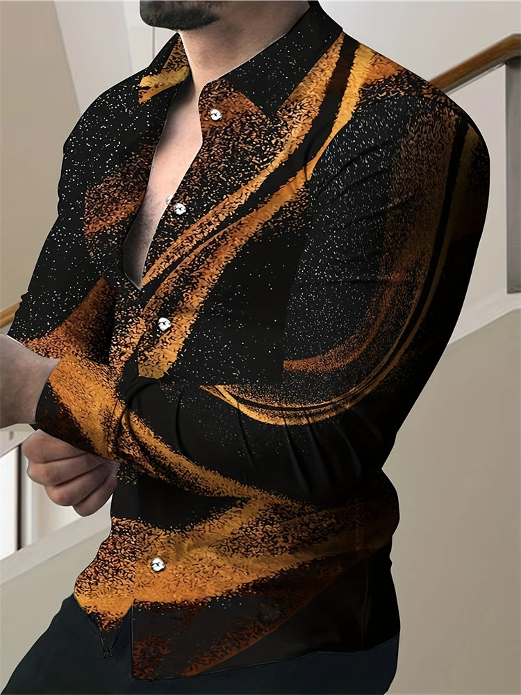 2025 Spring Men's Shirts Fashion Retro Street Texture Printed Shirts Men's Long-sleeved Lapel Shirt Shirt Top Office Clothing